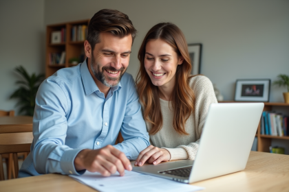 Couple souriant travaillant ensemble à la maison