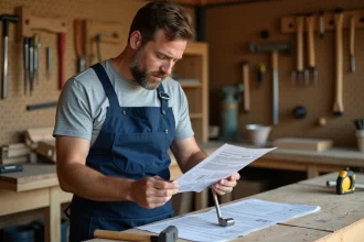 Homme en tablier de bricolage étudiant une fiche de cours sur un établi en bois dans un atelier organisé