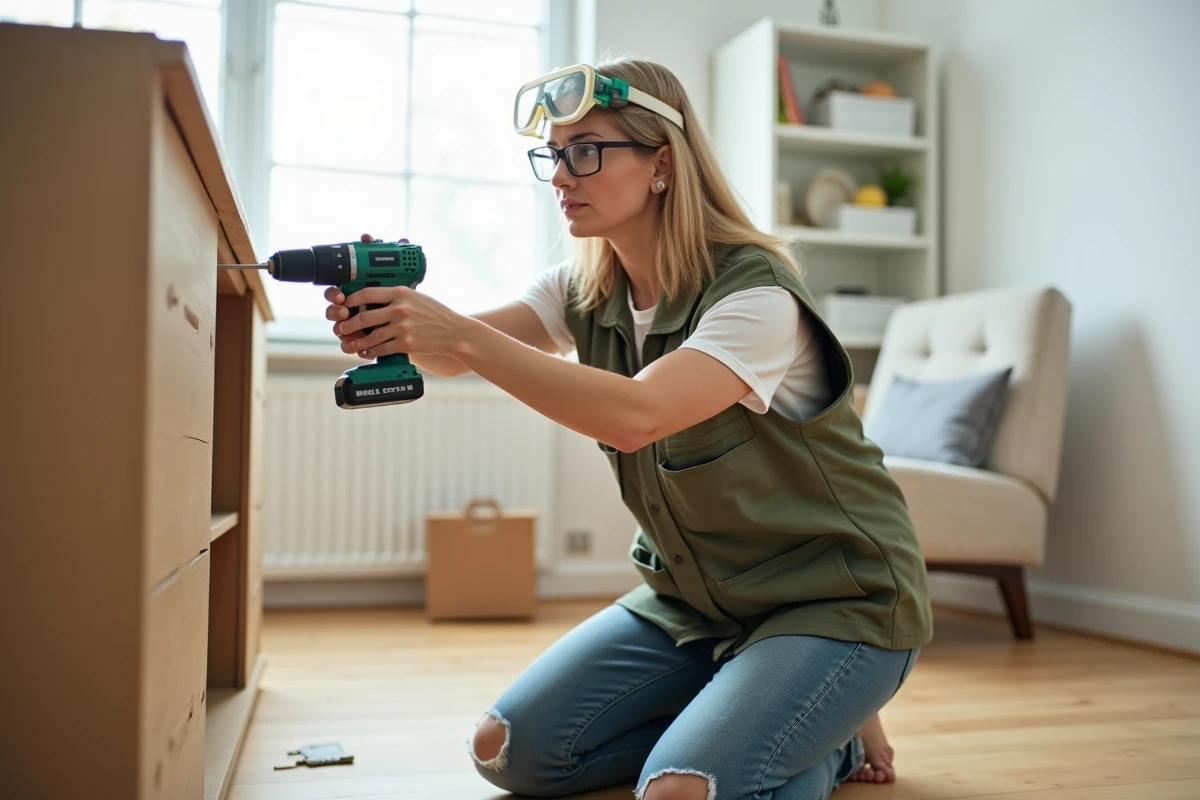 Femme utilisant une perceuse sans fil lors d'un cours de bricolage pratique à domicile