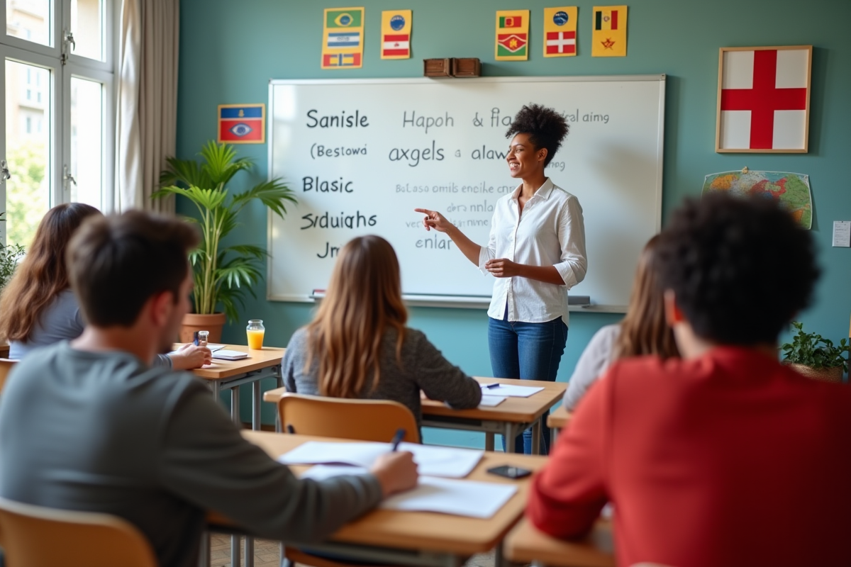 Groupe d adultes en cours de langue dans une salle colorée