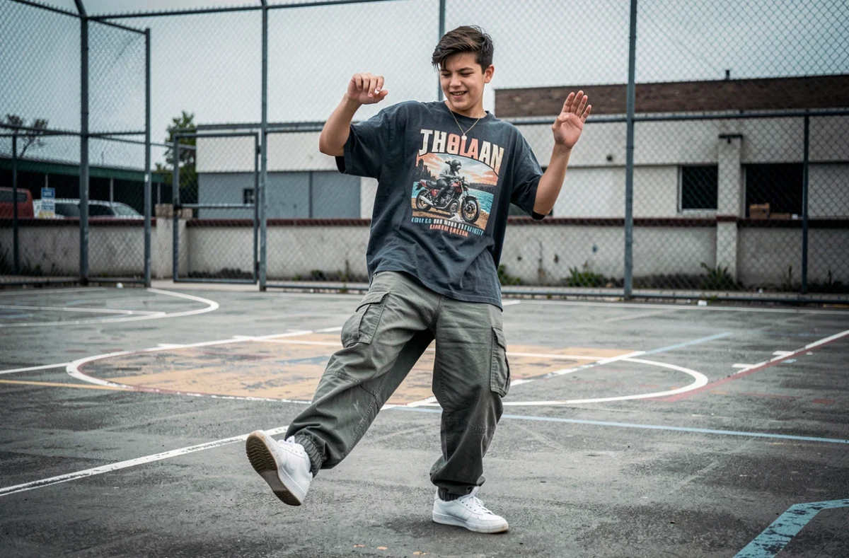 Adolescent dansant une chorégraphie TikTok sur un terrain de basket en plein air, pas de danse tendance 2026 filmés en plan large