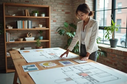 Décoratrice d'intérieur professionnelle travaillant sur des planches de tendances dans un studio de design moderne