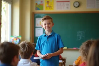 Délégué de classe CM2 prenant la parole devant ses camarades dans une salle de classe française