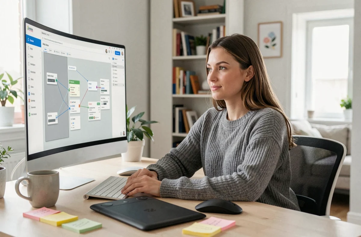 Designer travaillant à distance sur une plateforme collaborative en ligne de type mjmcloud depuis son bureau à domicile