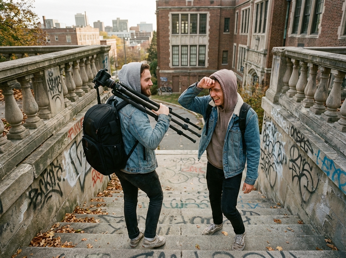 Deux étudiants montent un escalier avec leur équipement de tournage