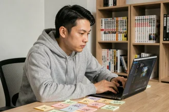 Jeune développeur de jeux vidéo étudiant le japonais et le chinois à son bureau avec des notes manuscrites et un laptop