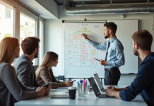 Jeune professionnel dessinant un diagramme tshaped avec collègues