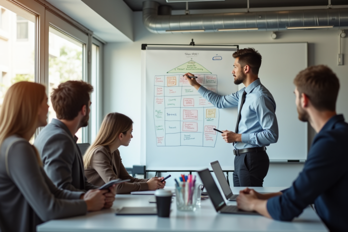 Jeune professionnel dessinant un diagramme tshaped avec collègues