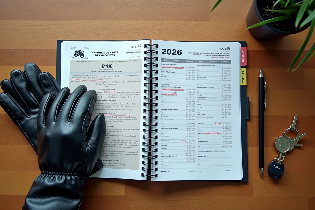Documents administratifs et calendrier de formation pour le permis moto A2 en 2026 sur un bureau en bois