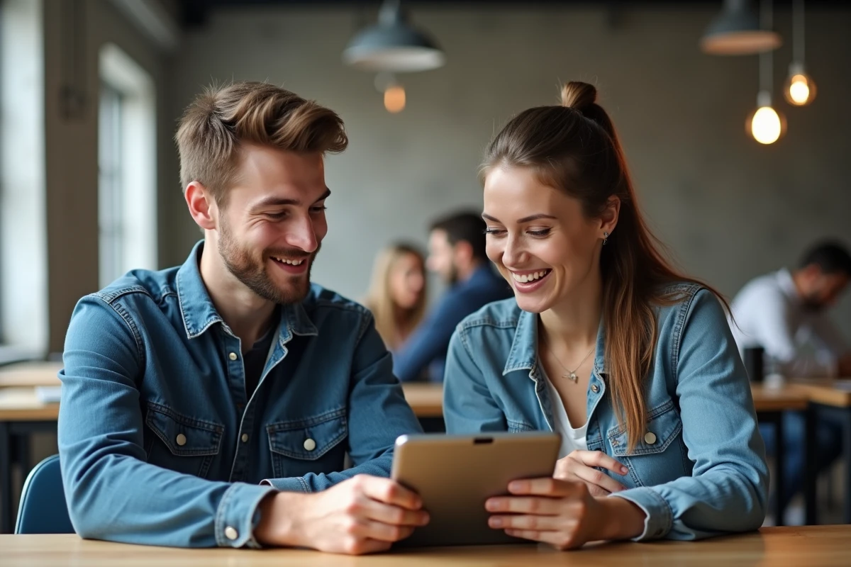 Deux jeunes adultes révisant ensemble des questions de code de la route sur une tablette dans un espace de coworking