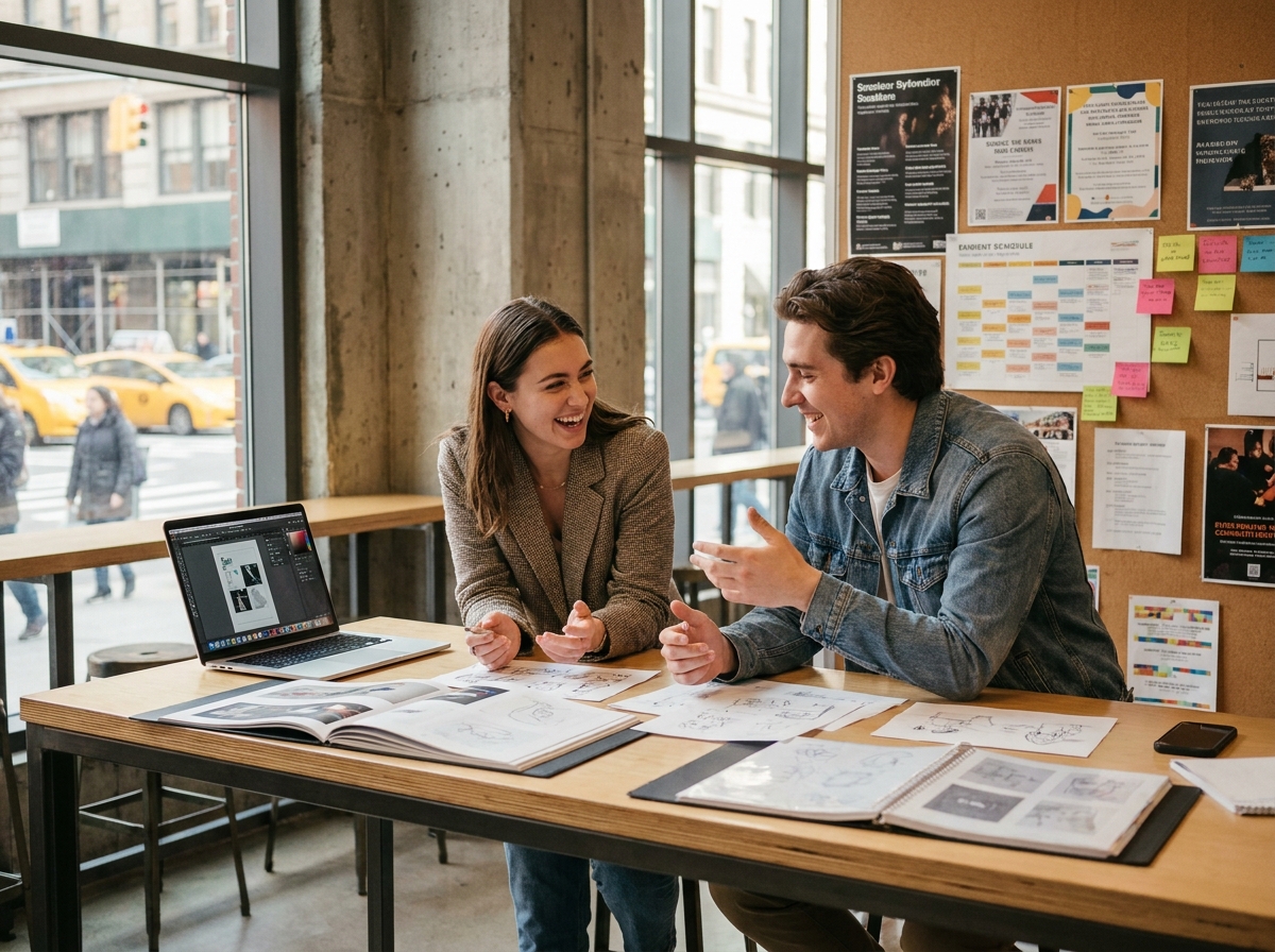 Deux étudiants en prépa entertainment échangeant sur leurs portfolios et projets professionnels