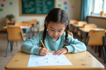 Jeune élève de CE2 concentrée sur une fiche de lecture posée sur son bureau en bois dans une salle de classe colorée