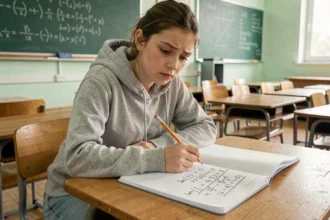 Élève de terminale concentrée sur des équations logarithmiques dont ln(1)=0 dans un cahier de mathématiques ouvert