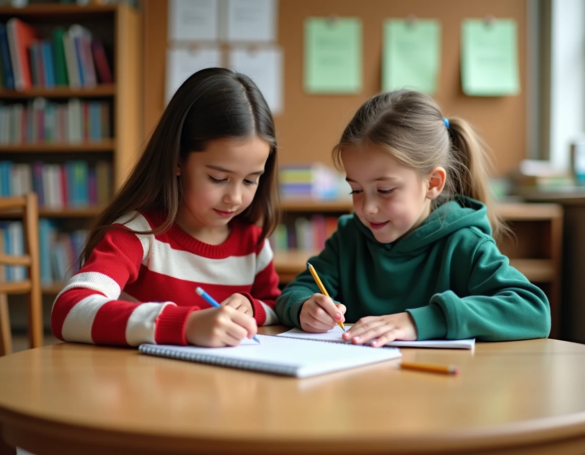 Deux élèves de CM2 préparant ensemble des propositions d'amélioration du climat de classe dans une bibliothèque scolaire