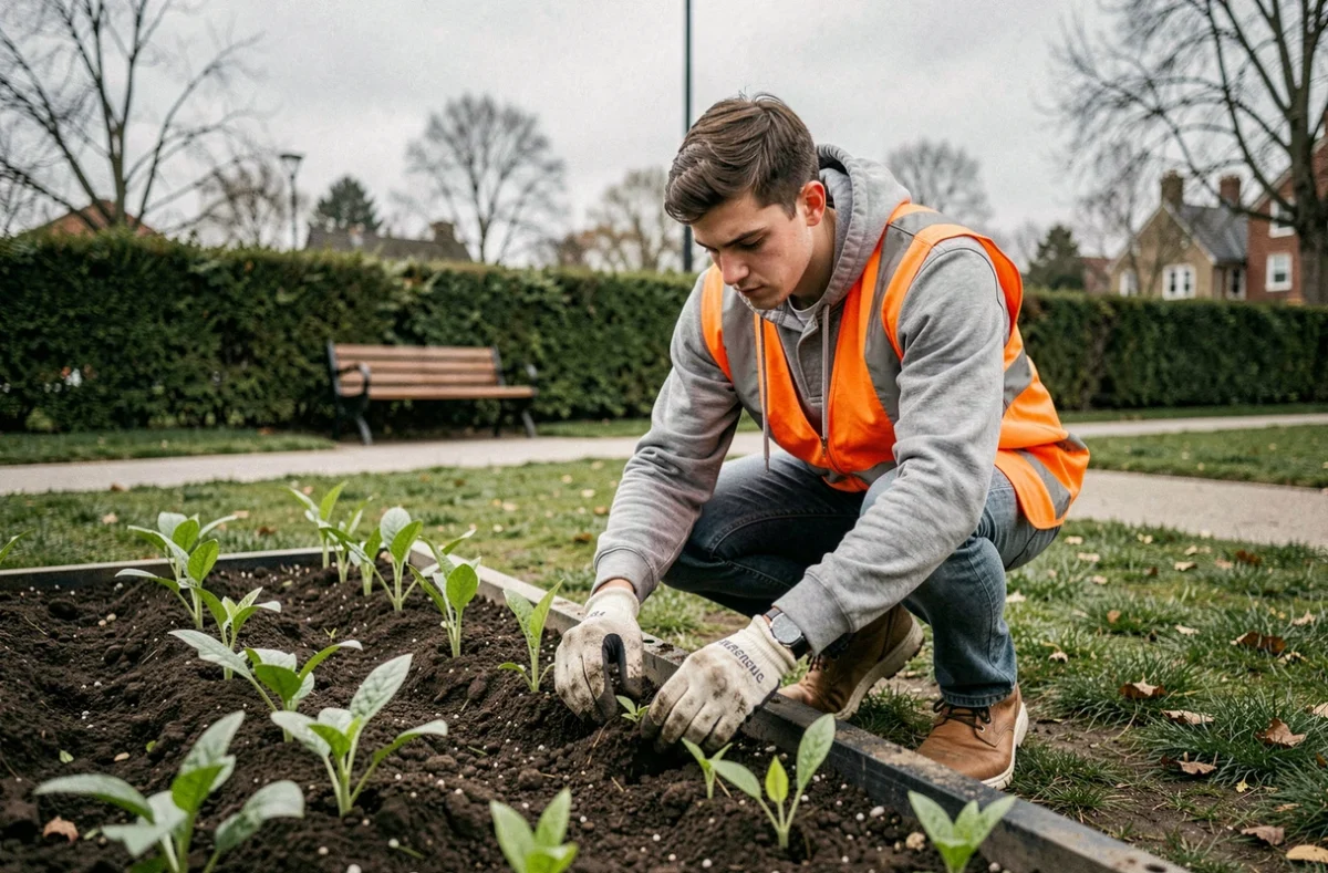Jeune homme travaillant comme agent d'entretien des espaces verts dans un parc, emploi sans diplôme accessible