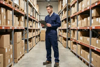Homme en uniforme de travail dans un entrepôt de logistique, emploi sans diplôme dans la manutention
