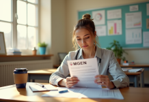 Enseignant assis à un bureau lumineux avec document MGEN