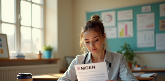 Enseignant assis à un bureau lumineux avec document MGEN