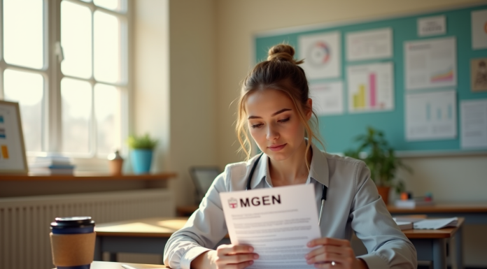 Enseignant assis à un bureau lumineux avec document MGEN