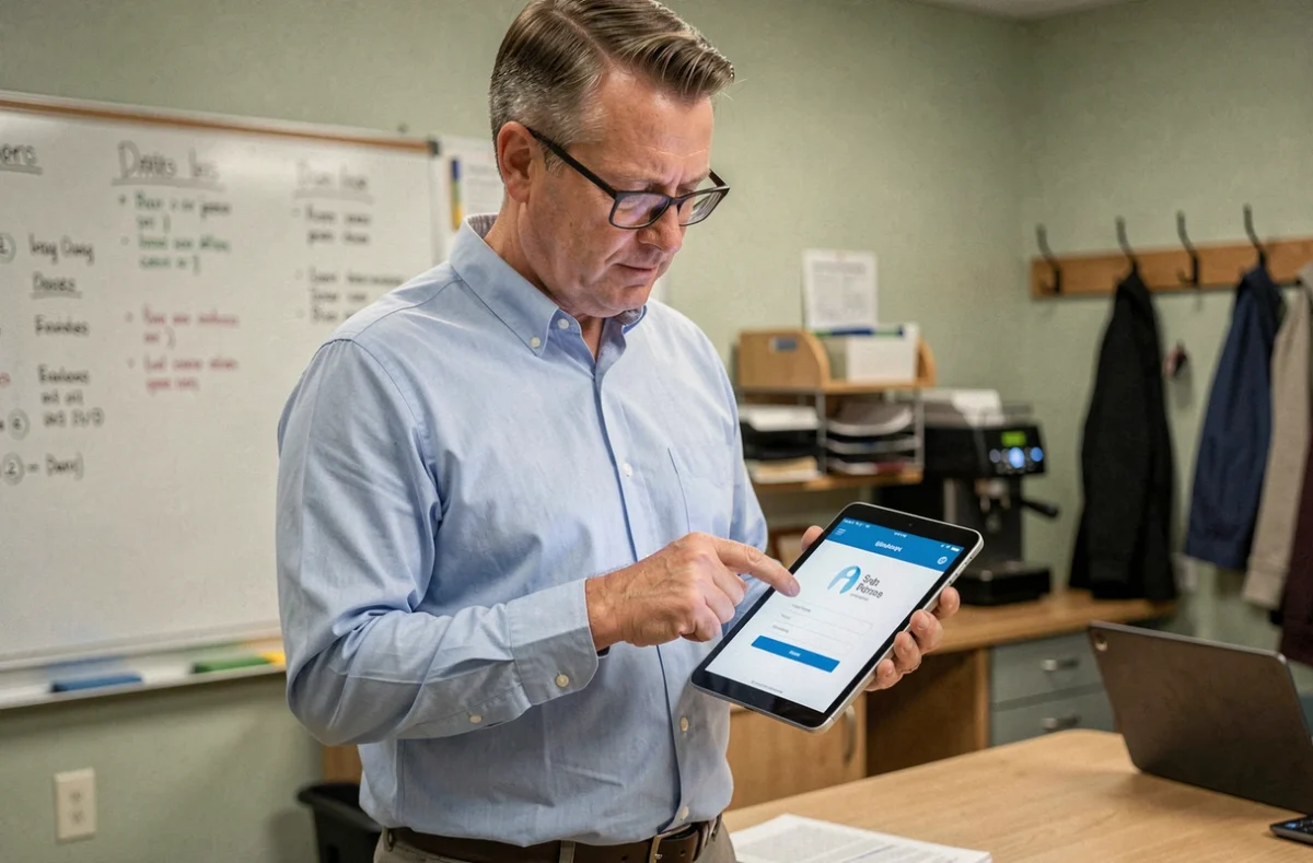 Enseignant consultant le portail ENT sur une tablette dans la salle des professeurs