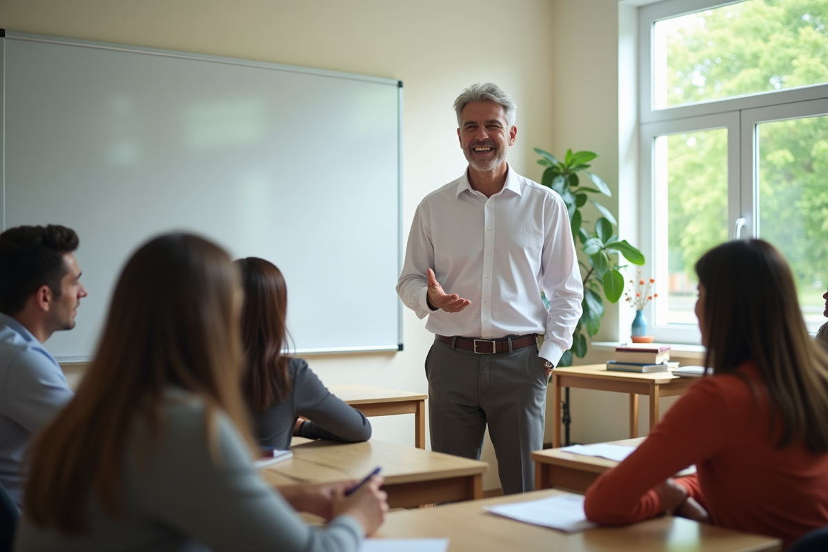 Instructeur de langues devant tableau dans salle de classe lumineuse