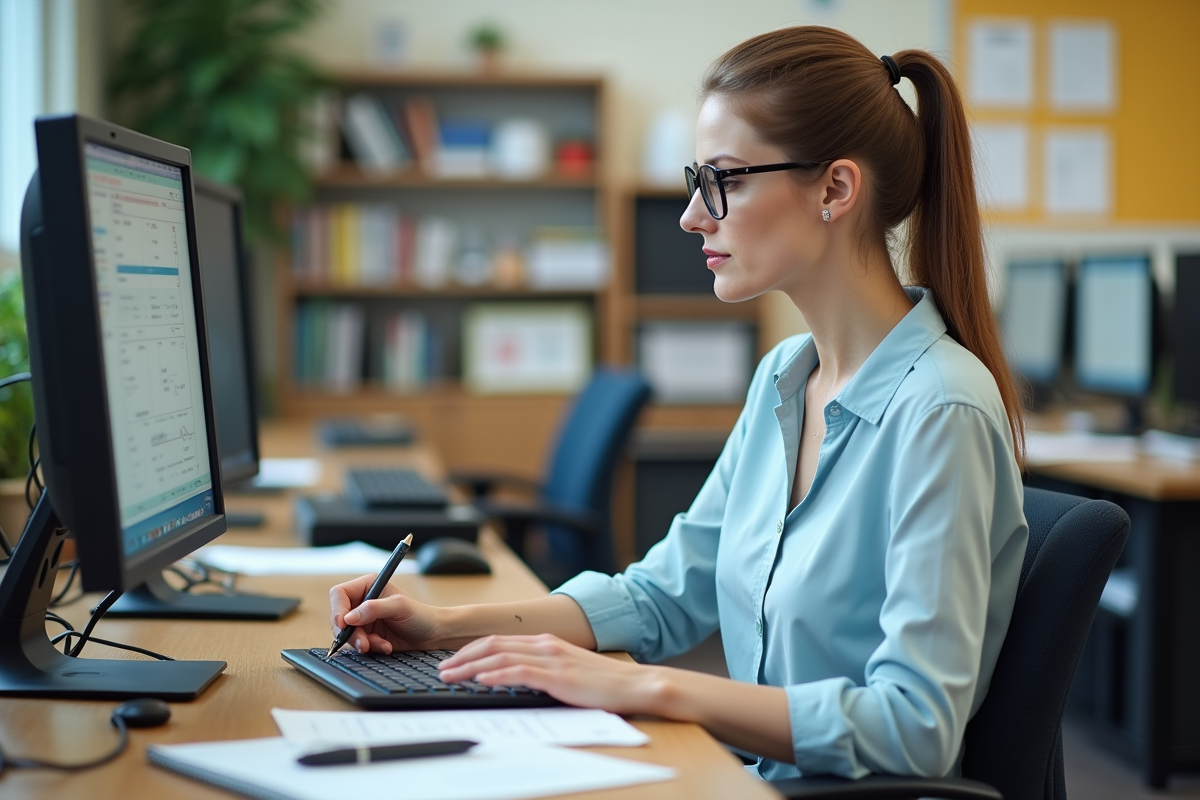 Professeure regardant des travaux dans un bureau scolaire