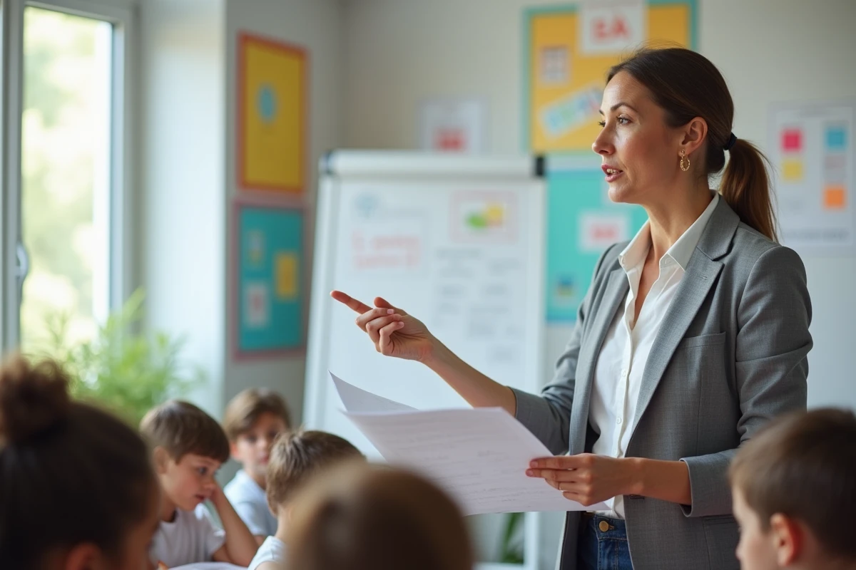 Enseignante de primaire lisant une dictée à voix haute devant ses élèves dans une salle de classe moderne avec affiches pédagogiques colorées