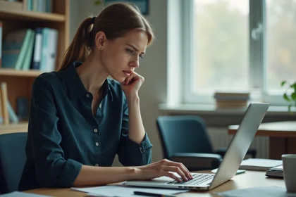 Enseignante frustrée face à un problème de connexion sur son ordinateur portable dans un bureau administratif scolaire