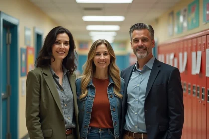 Trois enseignants dans un couloir d'école dynamique