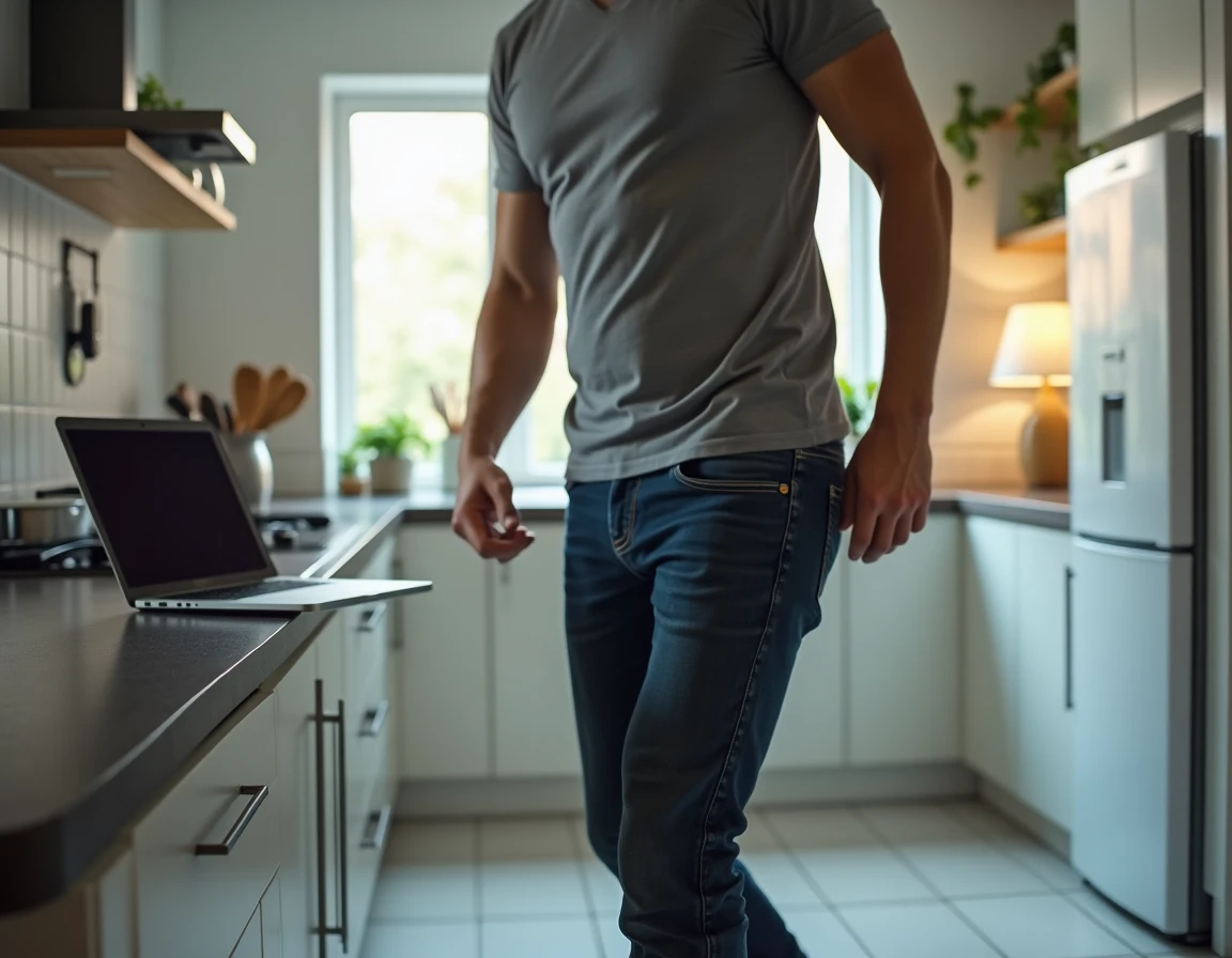 Homme adulte s'entraînant à la danse Madison en regardant un tutoriel sur ordinateur dans sa cuisine