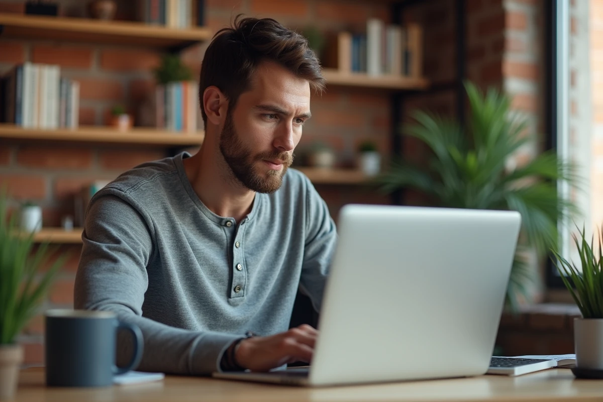 Entrepreneur travaillant sur un logiciel d'automatisation de newsletter depuis son bureau à domicile