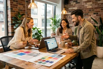 Équipe de designers collaborant autour d'ordinateurs portables avec un tableau de bord de projet partagé sur mjmcloud