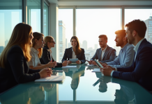 Groupe diversifié de professionnels en réunion de travail