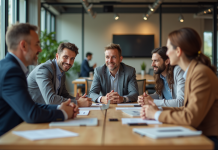 Groupe divers d'adultes en réunion de travail en bureau
