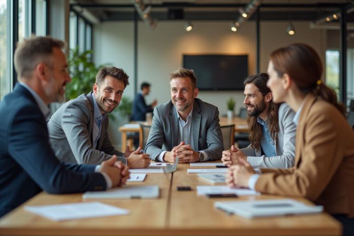 Groupe divers d'adultes en réunion de travail en bureau