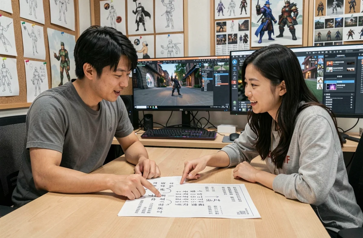 Deux développeurs de jeux vidéo collaborant en studio autour de documents en japonais et en chinois sur écrans