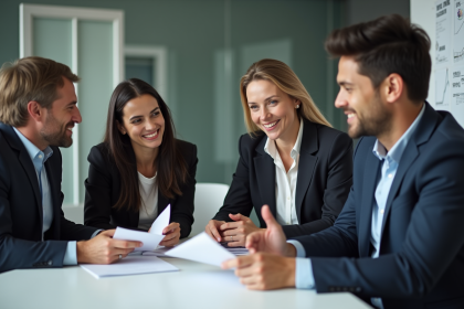 Quatre collègues en réunion dans un bureau moderne