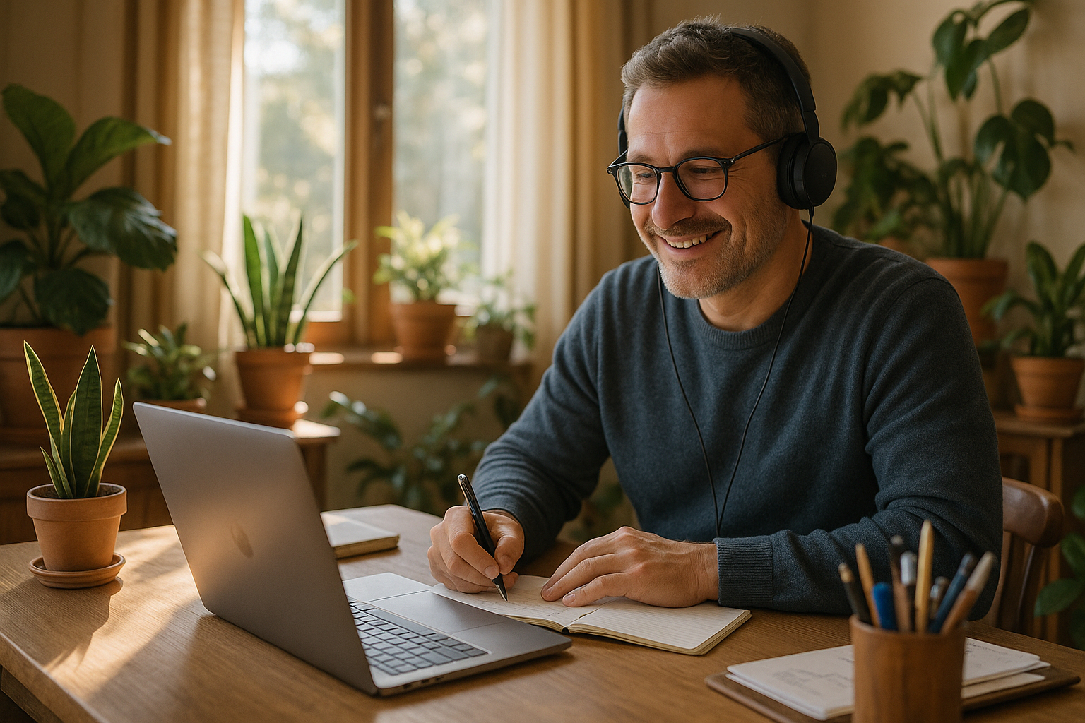 Homme souriant prenant des notes dans un espace de travail chaleureux