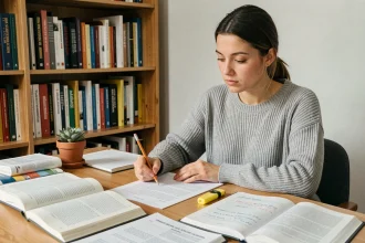 Jeune femme étudiant les classes grammaticales avec des exercices corrigés imprimés sur un bureau en bois