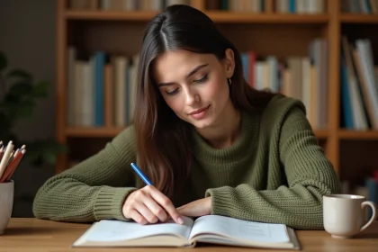 Jeune femme étudiant la conjugaison du verbe SER en espagnol avec un manuel de grammaire ouvert sur un bureau en bois