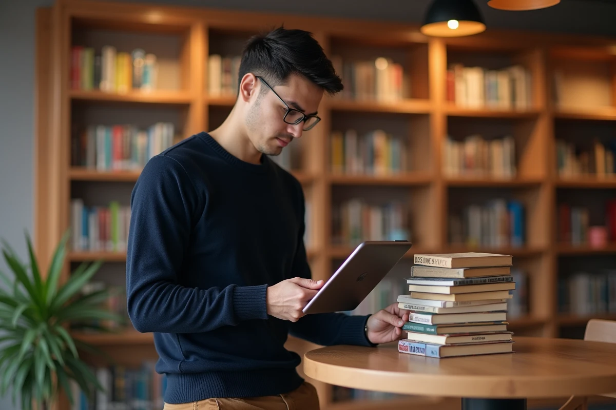 Étudiant consultant une application de gestion de projets créatifs sur tablette dans une bibliothèque universitaire