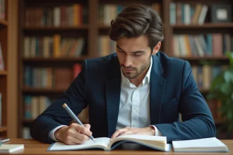 Jeune homme concentré en bibliothèque universitaire