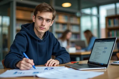 Étudiant en école d'ingénieur consultant un classement universitaire sur son ordinateur portable dans une bibliothèque moderne