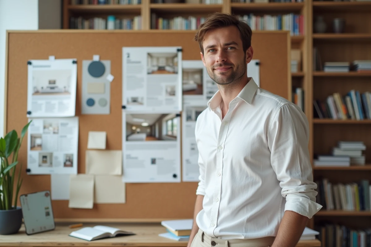 Étudiant en décoration intérieure présentant un moodboard professionnel dans un espace de formation spécialisé