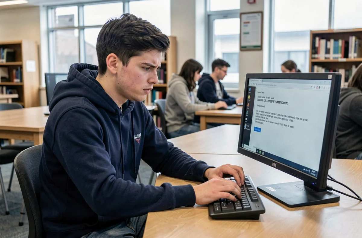 Étudiant universitaire face à un message d'erreur lors de la connexion à l'ENT sur un ordinateur de bibliothèque