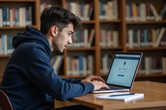 Étudiant universitaire frustré devant une page d'erreur de l'ENT Artois sur son ordinateur portable en bibliothèque