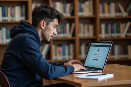 Étudiant universitaire frustré devant une page d'erreur de l'ENT Artois sur son ordinateur portable en bibliothèque