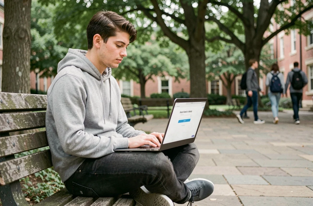 Étudiant consultant l'extranet ESG sur un laptop en extérieur sur le campus universitaire