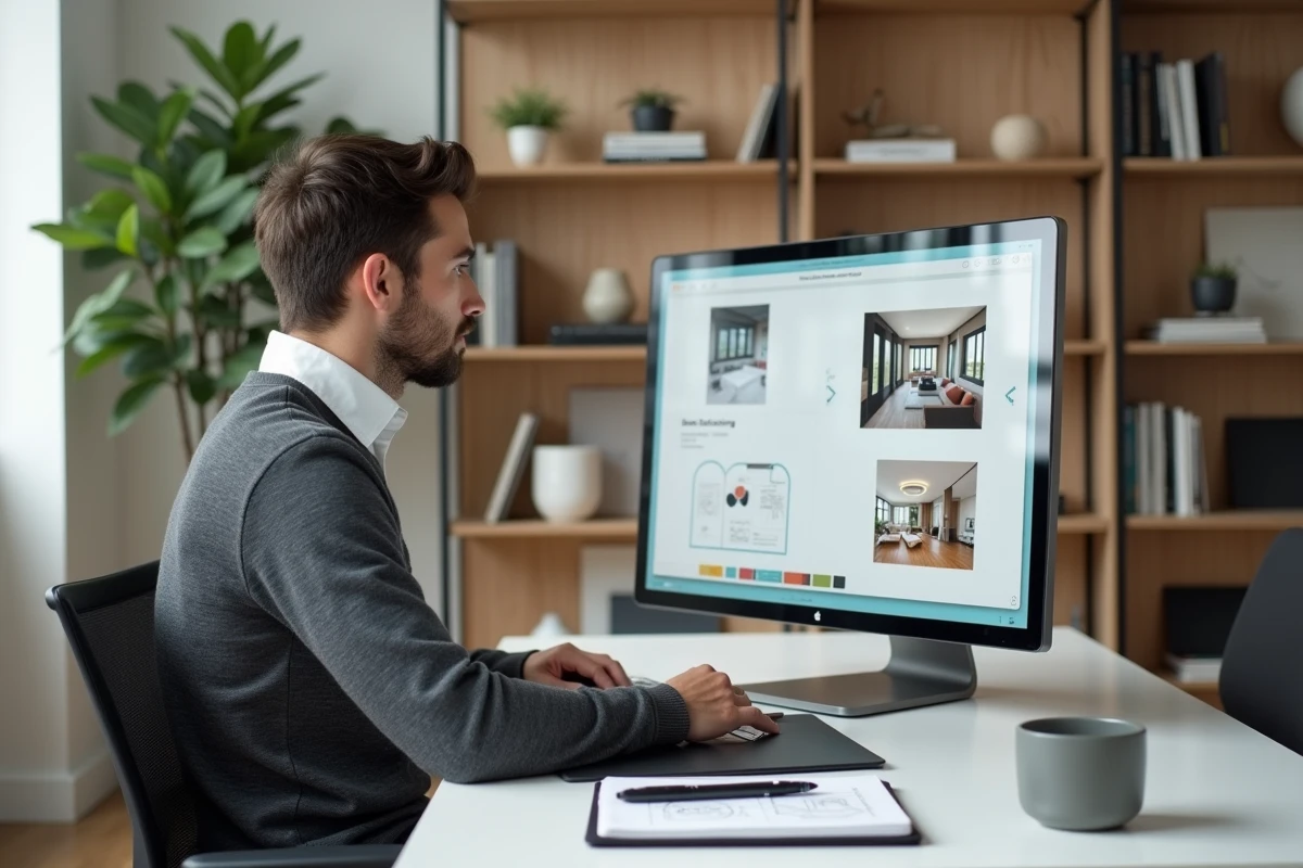 Étudiant en décoration d'intérieur suivant une formation en ligne sur decoscope.fr depuis son bureau à domicile