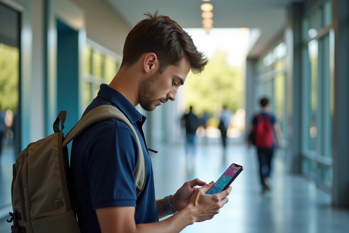 Étudiant consultant son planning de cours HYPERPLANNING sur smartphone dans un couloir universitaire